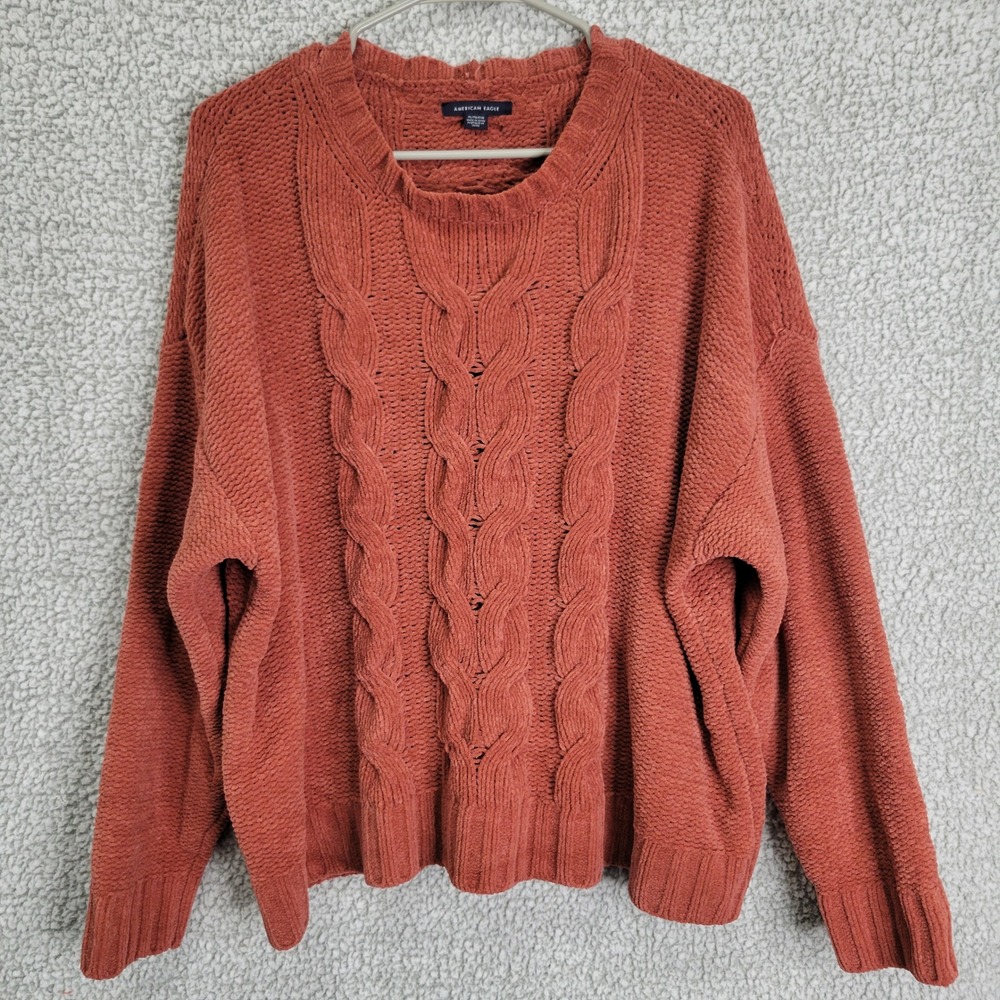 American Eagle Women XL Rust Orange Chenille Cable Knit Crew Neck Sweater Soft